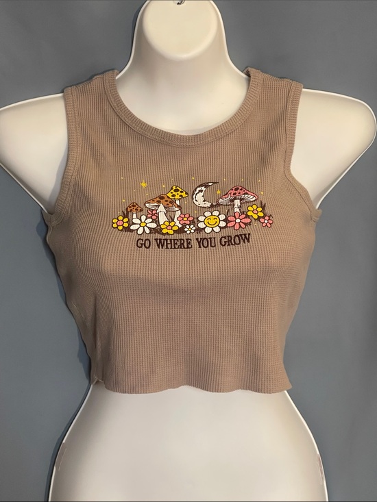 Homegirl Society Tops - Tan Ribbed Graphic Crop Tank Top with Floral Mushroom Print
